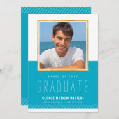 写真卒業ミニマルかわいい金ゴールドフレーム明るい青 招待状 (正面/裏面)