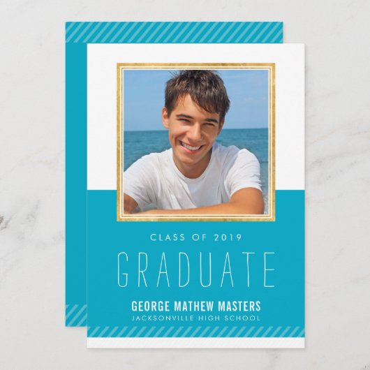 写真卒業ミニマルかわいい金ゴールドフレーム明るい青 招待状 (正面/裏面)