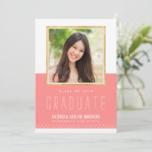 写真卒業ミニマルかわいい金ゴールド枠コーラルピンク 招待状 (スタンド正面)