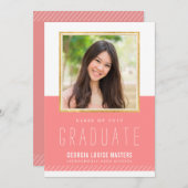 写真卒業ミニマルかわいい金ゴールド枠コーラルピンク 招待状 (正面/裏面)