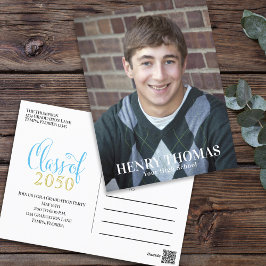 写真卒業モダンシンプル金ゴールドブルー ポストカード