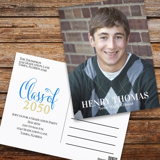 写真卒業モダンシンプル金ゴールドブルー ポストカード