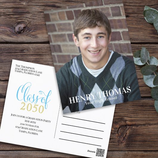 写真卒業モダンシンプル金ゴールドブルー ポストカード