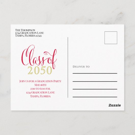 写真卒業モダンシンプル金ゴールド赤 ポストカード (裏面)