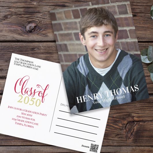 写真卒業モダンシンプル金ゴールド赤 ポストカード