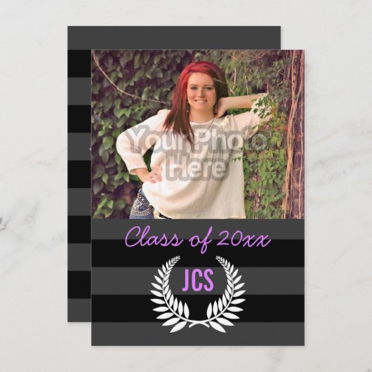 写真卒業モノグラムブラックパープル名門私立校風の 招待状 (正面/裏面)