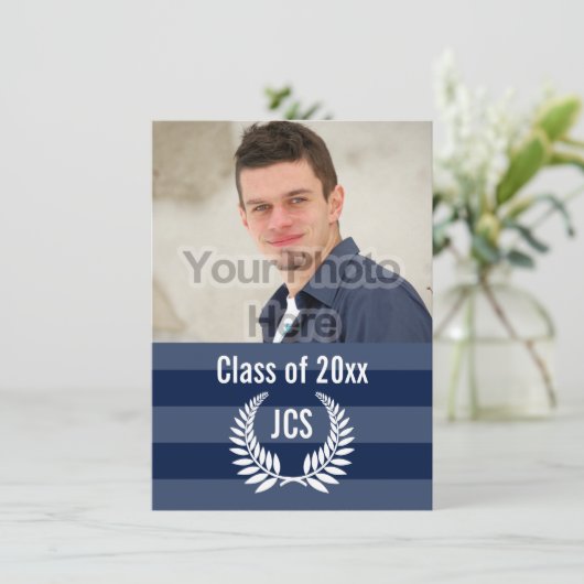 写真卒業モノグラムローレルブルーストライプ 招待状 (スタンド正面)