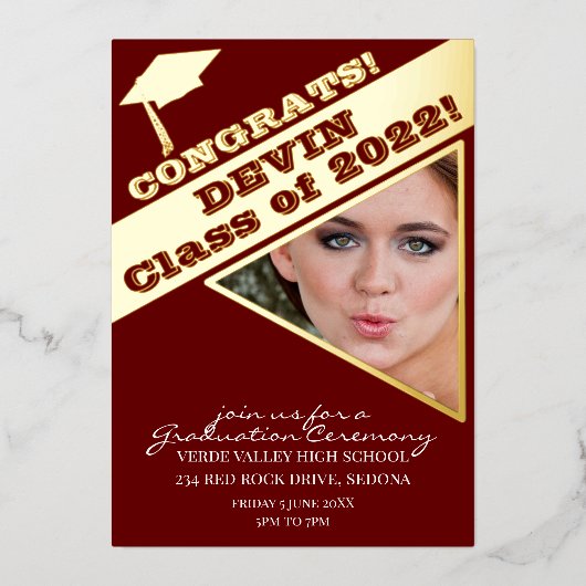 写真卒業式スクールカラー 箔招待状 (正面)