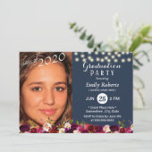 写真卒業式ブルゴーニュ赤フローラネイビーブルー 招待状 (スタンド正面)