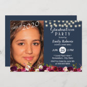 写真卒業式ブルゴーニュ赤フローラネイビーブルー 招待状 (正面/裏面)