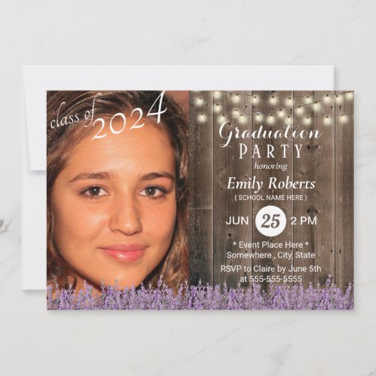 写真卒業式素朴ウッドラベンダーフローラ 招待状 (正面)