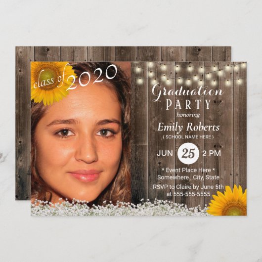 写真卒業素朴木材ひまわりフローラ 招待状 (正面/裏面)