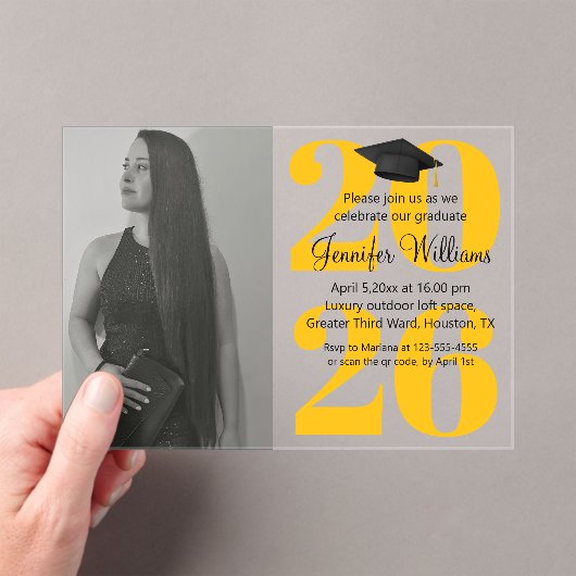 写真卒業2025パーティーqrコードオレンジ黄 アクリル招待状 (インサイチュ (ポータブル))