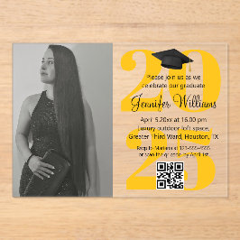 写真卒業2025パーティーqrコードオレンジ黄 アクリル招待状