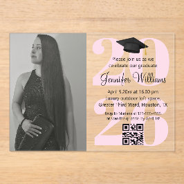 写真卒業2025パーティーqrコードピンクスクリプト アクリル招待状