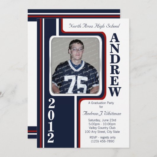 写真卒業/赤と海軍のストライプ 招待状 (正面/裏面)