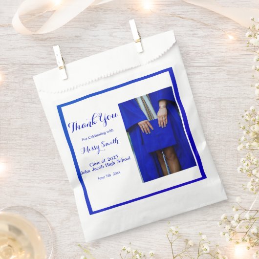 写真卒業、2023クラス青ありがとうFa フェイバーバッグ (クリップ留めされた状態)