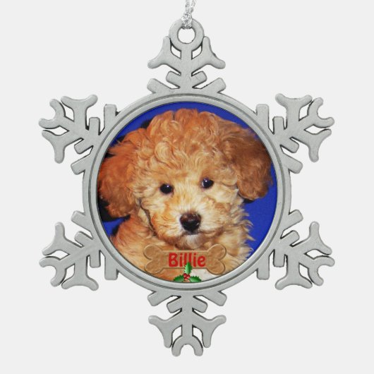 写真及び名前パーソナライズな犬のオーナメントのクリスマス スノーフレークピューターオーナメント (正面)