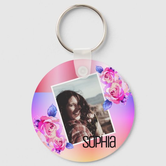 写真名水彩フローラピンクの花バラ キーホルダー (正面)