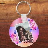 写真名水彩フローラピンクの花バラ キーホルダー (正面)