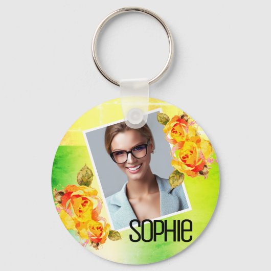 写真名水彩フローラ緑の花バラ キーホルダー (正面)