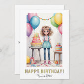 *写真名誕生日カードガール – ケーキ 招待状 (正面/裏面)