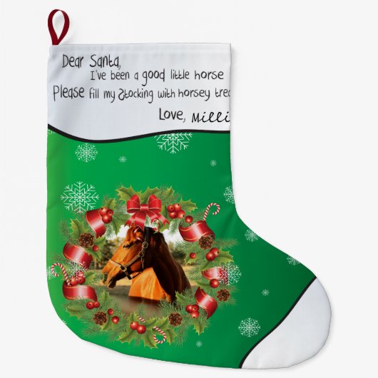 写真名馬サンタ親愛ラウンドフレームグリーン ラージクリスマスストッキング (正面)