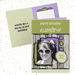 写真名purple green 21st birthdayを追加 カード<br><div class="desc">彼女/任意の年齢のための21歳の誕生日のグリーティングカード。写真、名前、メッセージを追加する。灰色の木の背景フェイクで設計。21歳か年齢を変える。紫と緑。フィルターを使用すると、自動的に写真が白黒に変更される。</div>