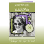 写真名purple green 21st birthdayを追加 カード<br><div class="desc">彼女/任意の年齢のための21歳の誕生日のグリーティングカード。写真、名前、メッセージを追加する。灰色の木の背景フェイクで設計。21歳か年齢を変える。紫と緑。フィルターを使用すると、自動的に写真が白黒に変更される。</div>