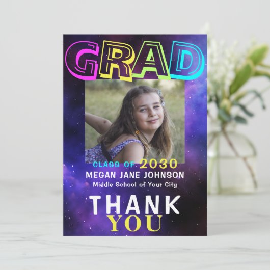 写真大学院生ネオングロー8年生のタイポグラフィ サンキューカード (スタンド正面)