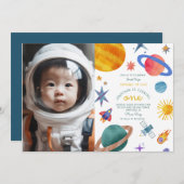 写真宇宙飛行士の周りの最初の旅1日の誕生日 招待状 (正面/裏面)