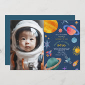 写真宇宙飛行士の周りの最初の旅1日の誕生日 招待状 (正面/裏面)