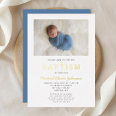 写真宗教クロスブルーボーイバプテスマ金ゴールド 箔招待状