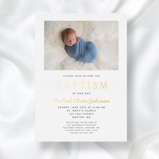 写真宗教クロスブルーボーイバプテスマ金ゴールド 箔招待状