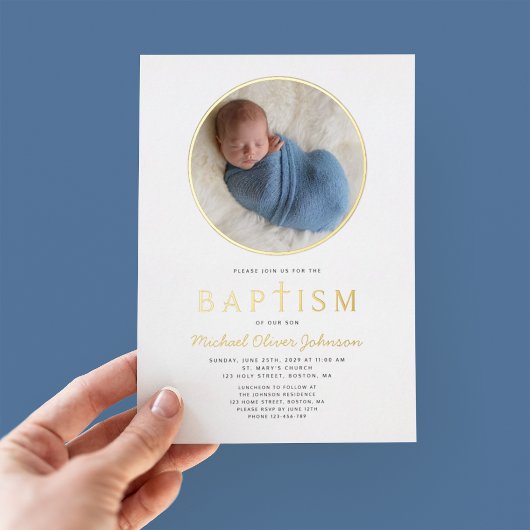 写真宗教クロスボーイバプテスマ金ゴールド 箔招待状