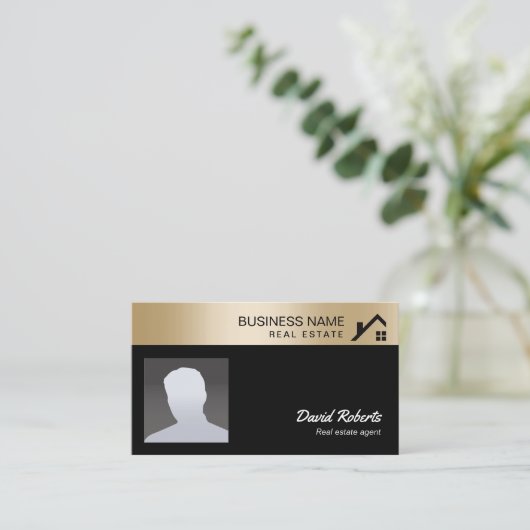 写真実在金ゴールド付き不動産縁ど代理 名刺 (スタンド正面)
