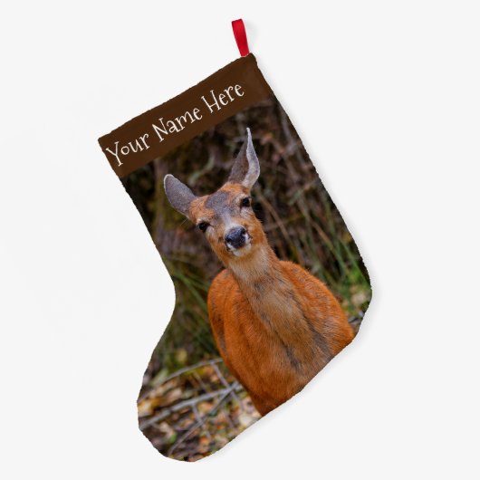 写真家おもしろいで鹿の若手スマイル ラージクリスマスストッキング (裏面 (吊り時))