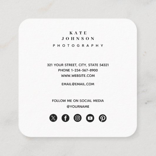 写真家の写真QRコードソーシャルメディアのアイコン スクエア名刺 (裏面)