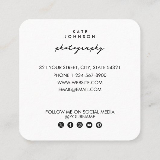 写真家の写真QRコードソーシャルメディアスクリプト スクエア名刺 (裏面)