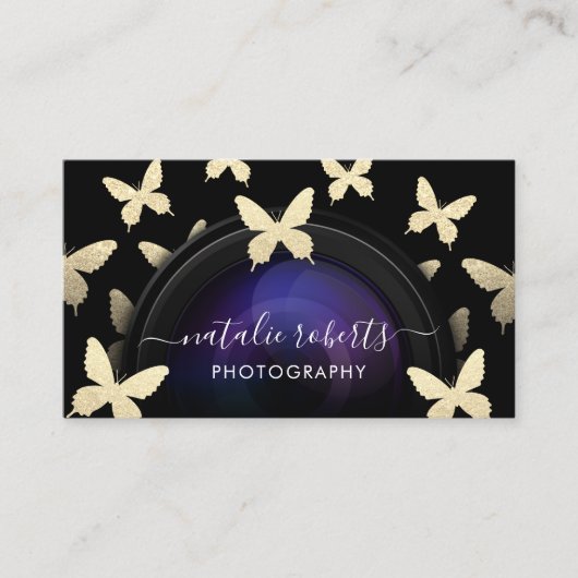 写真家カメラ金ゴールド蝶の写真 名刺 (正面)