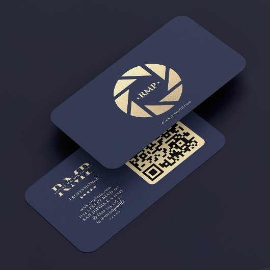 写真家ネイビーブルー金ゴールドカメラレンズモダン 名刺