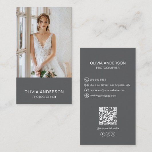 写真家2写真カスタムアイコンQRコードグレー 名刺 (正面/裏面)