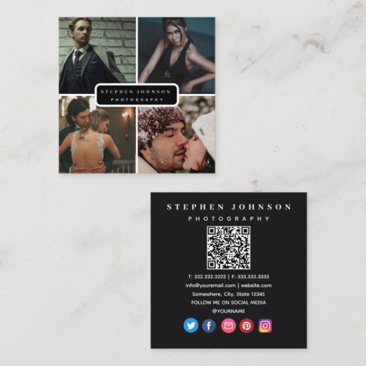 写真家4枚QRコードソーシャルメディアのアイコン スクエア名刺 (正面/裏面)