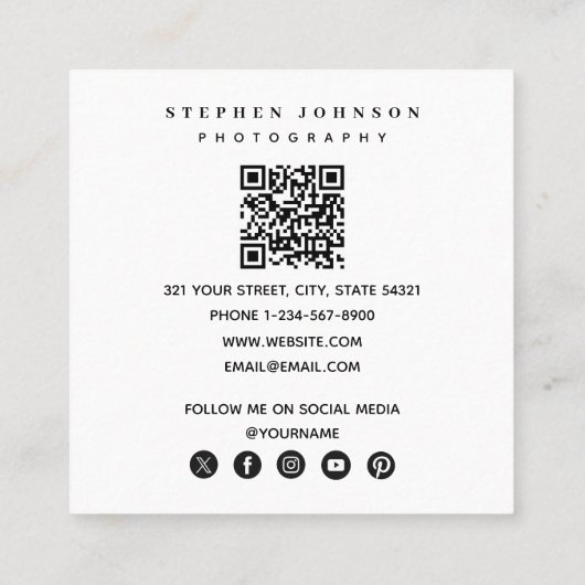 写真家4枚QRコードソーシャルメディアのアイコン スクエア名刺 (裏面)