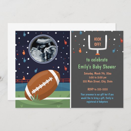写真少年の赤ちゃんシャワーでのサッカーの招待 招待状 (正面/裏面)