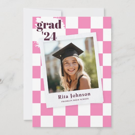 写真市松模様に高校卒業式パーティー 招待状 (正面)