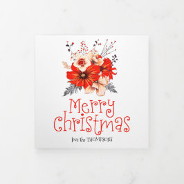 写真年の表示フェスティバルニュースレターフローラ赤 三つ折りクリスマスカード