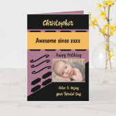 写真年名マイルストーンの誕生日の紫を追加 カード (黄色い花)