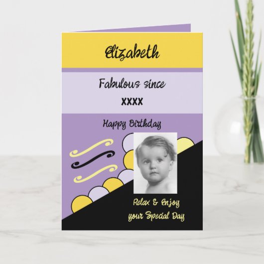 写真年名マイルストーンの誕生日の紫を追加 カード (正面)