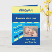 写真年名マイルストーンの誕生日の青を追加 カード (黄色い花)